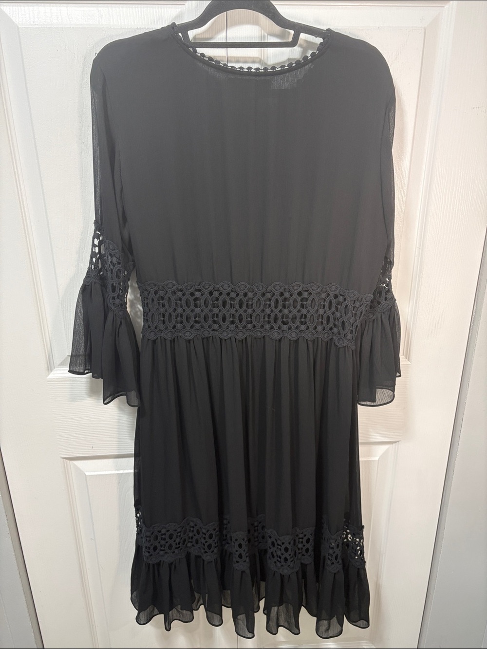 Elena Wang Black Boho Crochet Lace Bell Sleeve Dress - Picture 5 of 8